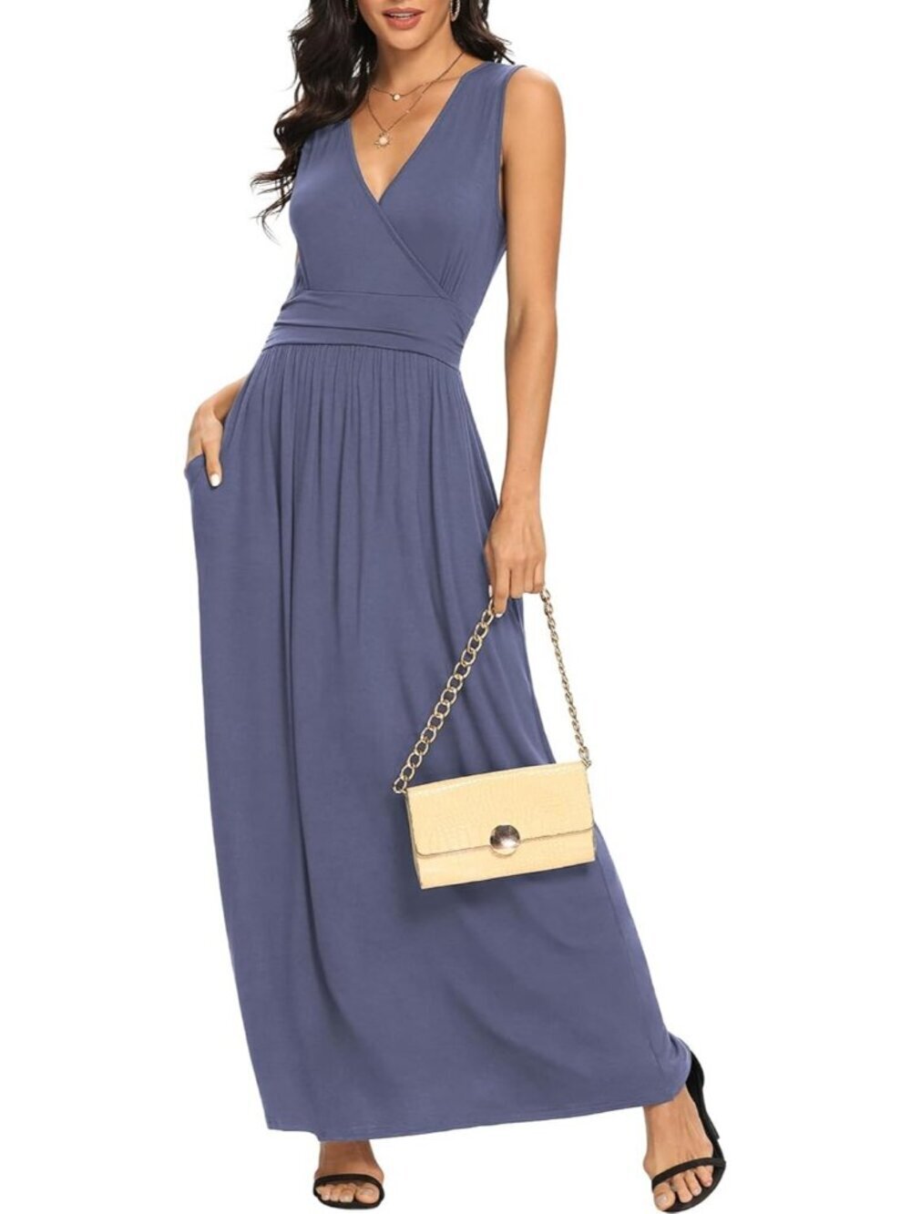 Lilbetter Women's Purple Grey Sleeveless Deep Loose Plain Maxi Casual Dress